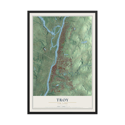 Troy, New York map print, 12" x 18" W/ Black Ayous Wood Frame mockup