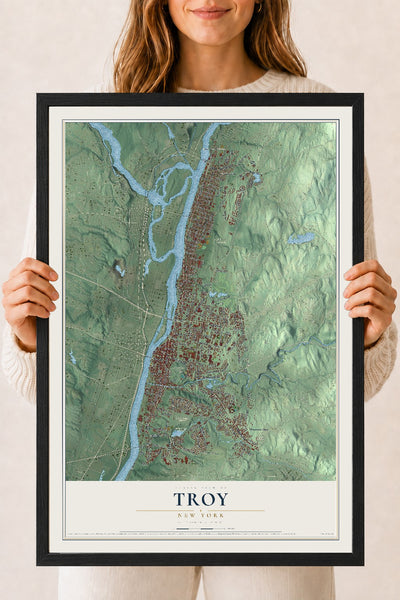 Troy, New York map print, 18" x 24" W/ Black Ayous Wood Frame mockup