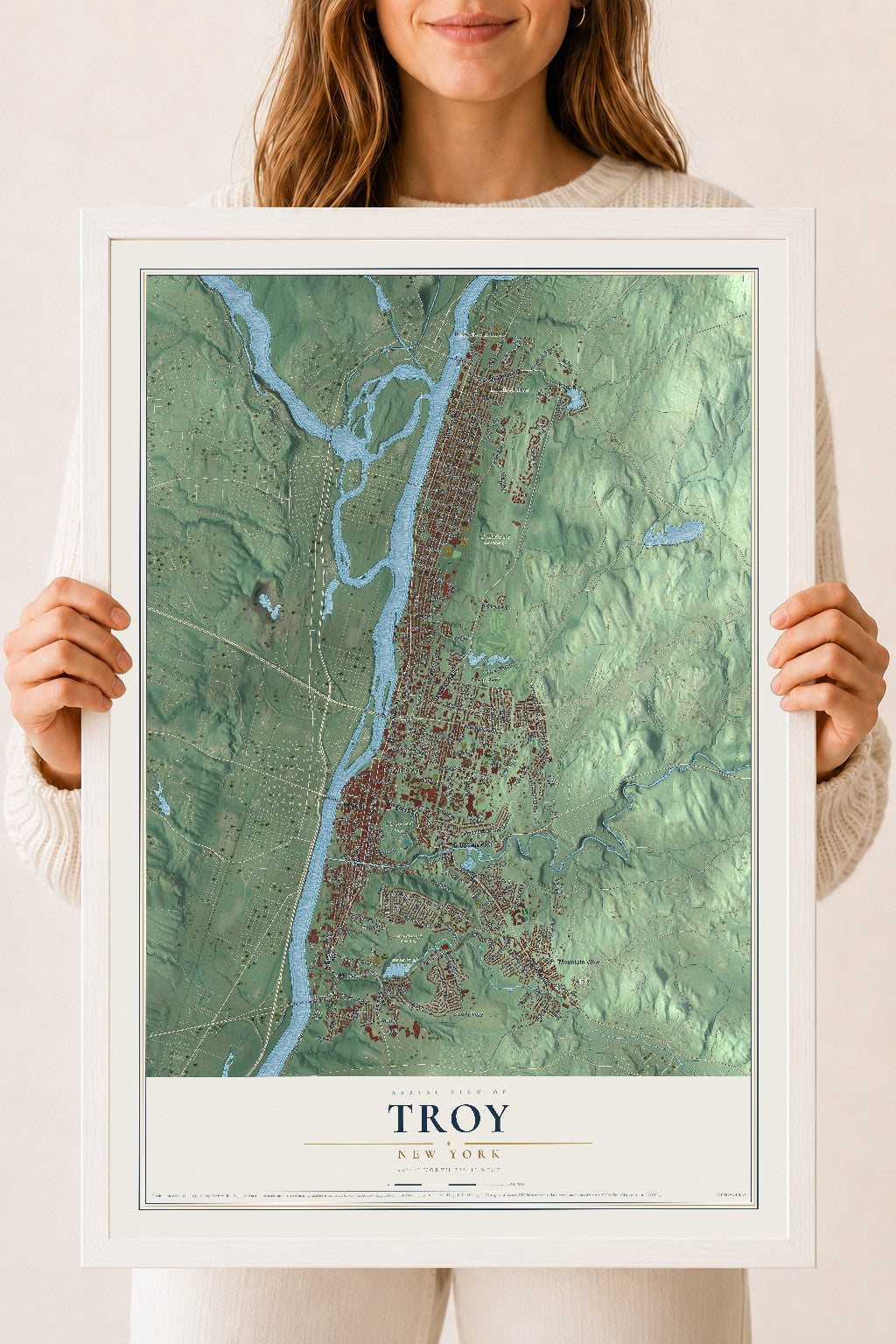 Troy, New York map print, 18" x 24" W/ White Ayous Wood Frame mockup