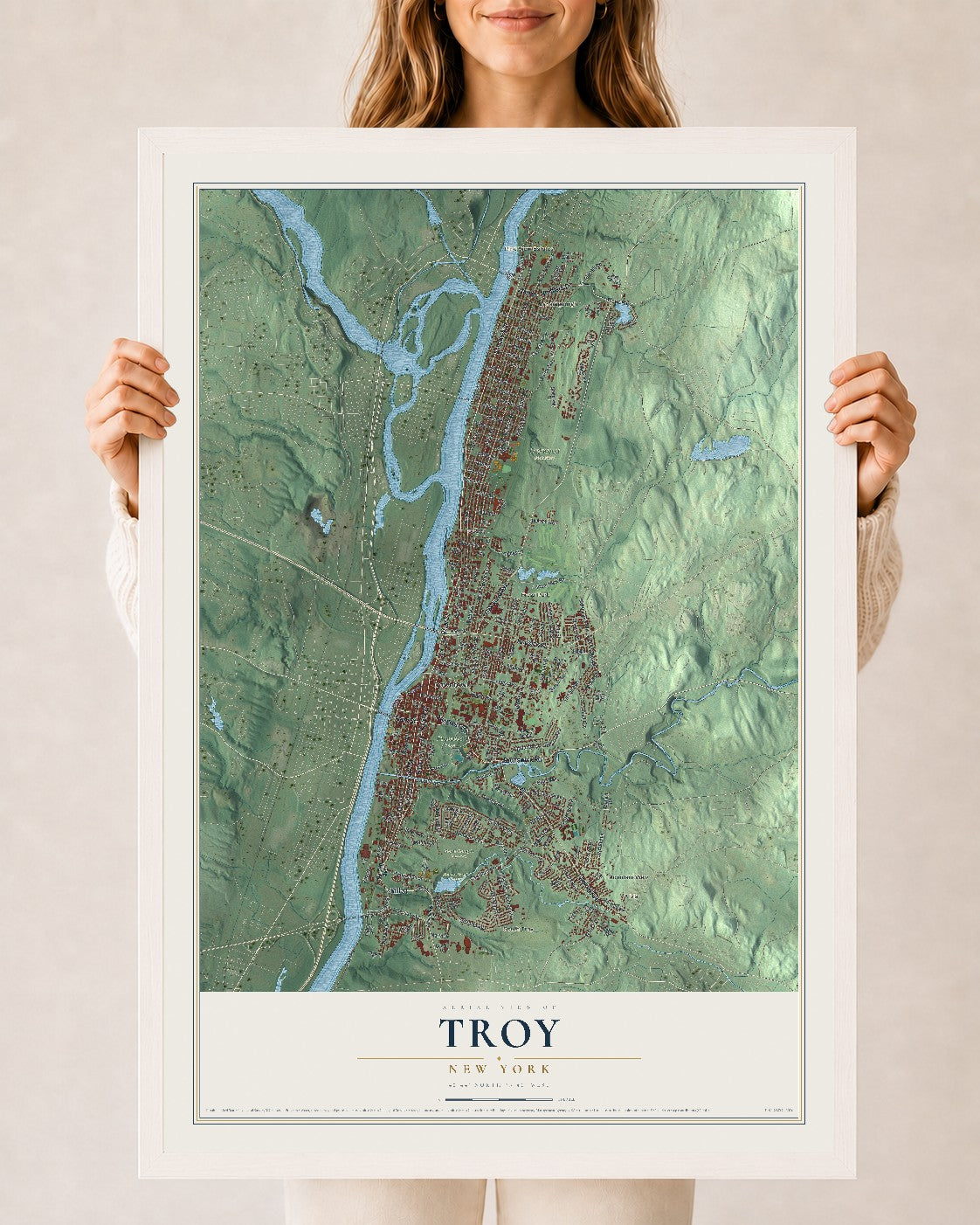 Troy, New York map print, 24" x 36" W/ White Ayous Wood Frame mockup