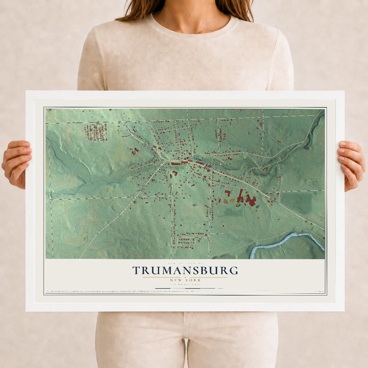 Trumansburg, New York map print, 12" x 18" W/ White Ayous Wood Frame mockup
