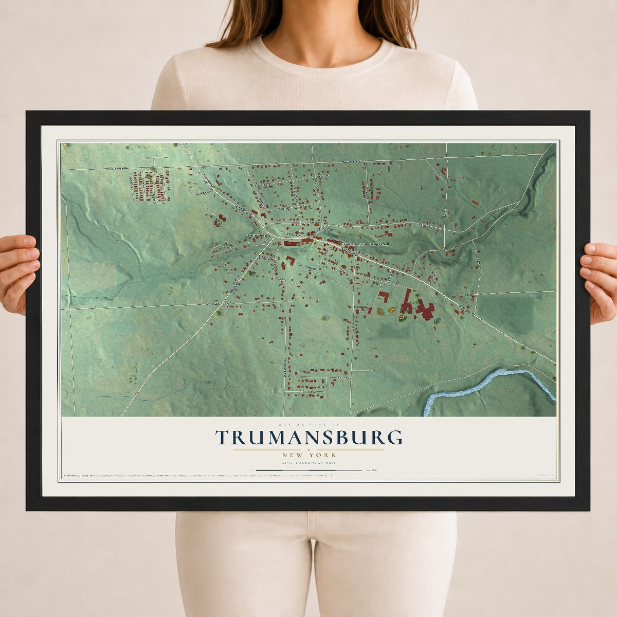Trumansburg, New York map print, 18" x 24" W/ Black Ayous Wood Frame mockup