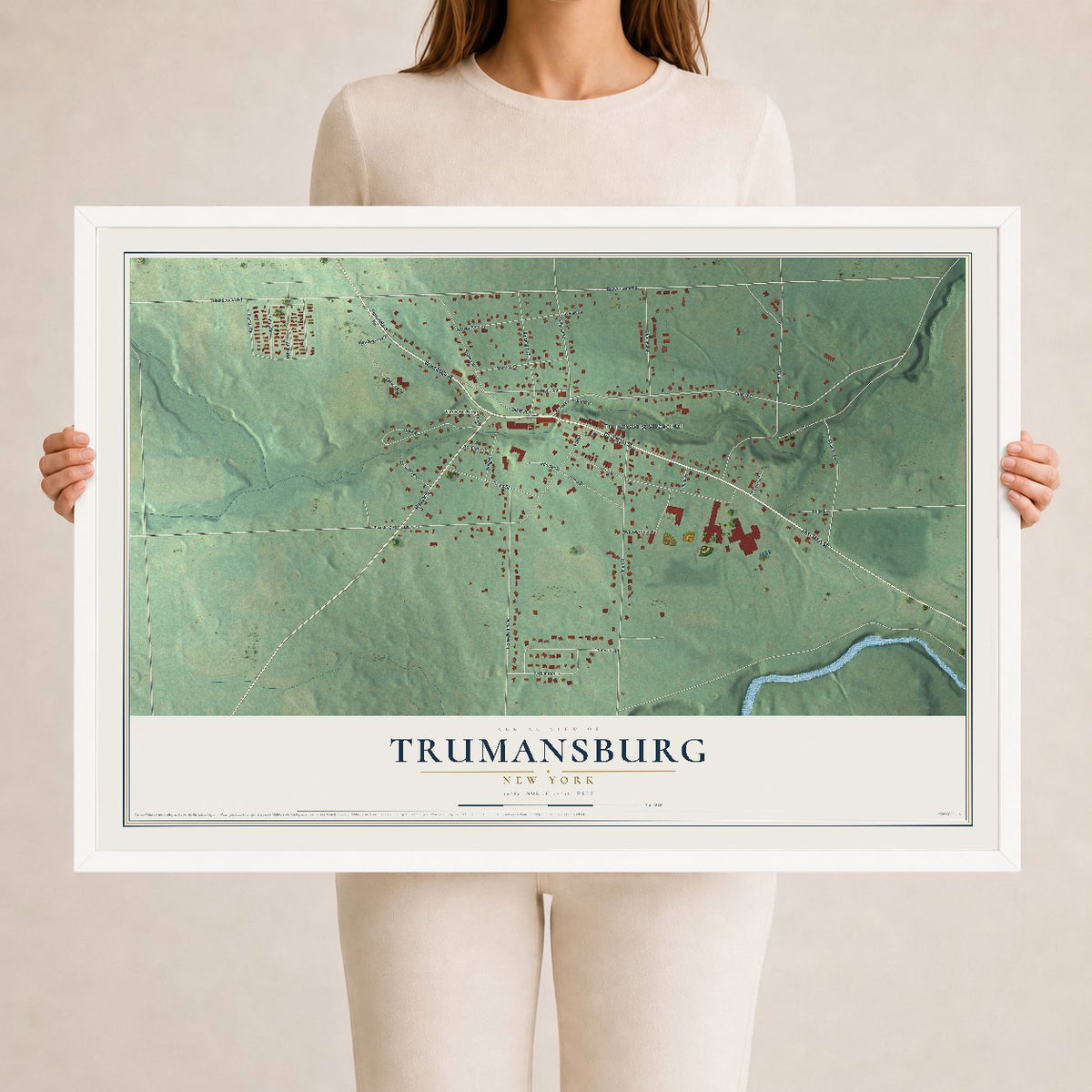 Trumansburg, New York map print, 24" x 36" W/ White Ayous Wood Frame mockup