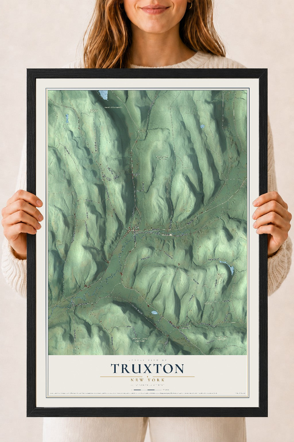 Truxton, New York map print, 18" x 24" W/ Black Ayous Wood Frame mockup