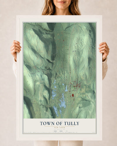 Tully, New York map print, 24" x 36" W/ White Ayous Wood Frame mockup