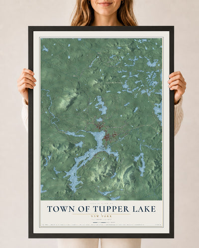 Tupper Lake, New York map print, 24" x 36" W/ Black Ayous Wood Frame mockup