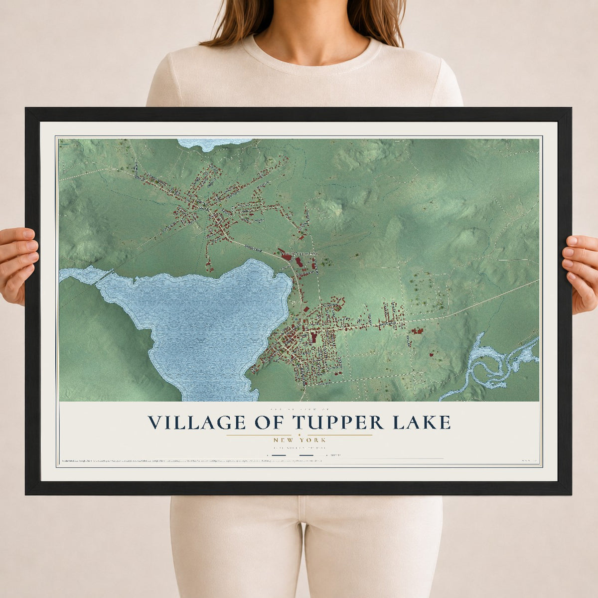 Tupper Lake, New York map print, 18" x 24" W/ Black Ayous Wood Frame mockup