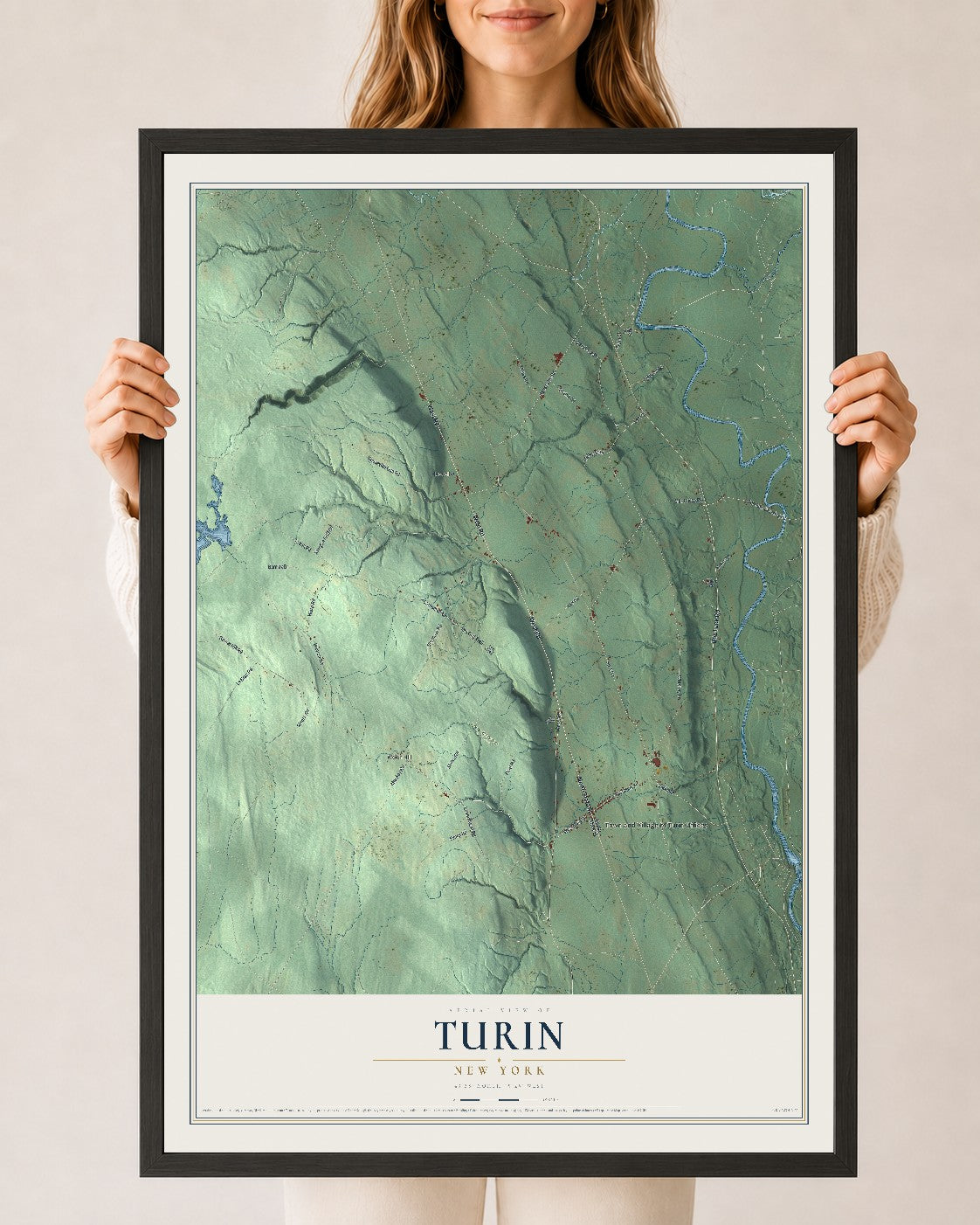 Turin, New York map print, 24" x 36" W/ Black Ayous Wood Frame mockup