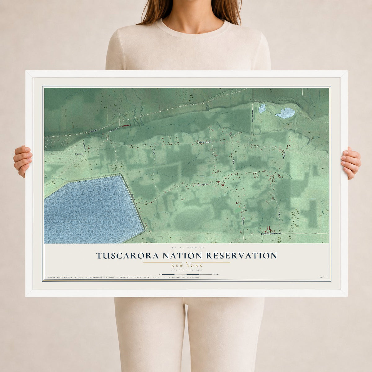 Tuscarora Nation Reservation, New York map print, 24" x 36" W/ White Ayous Wood Frame mockup