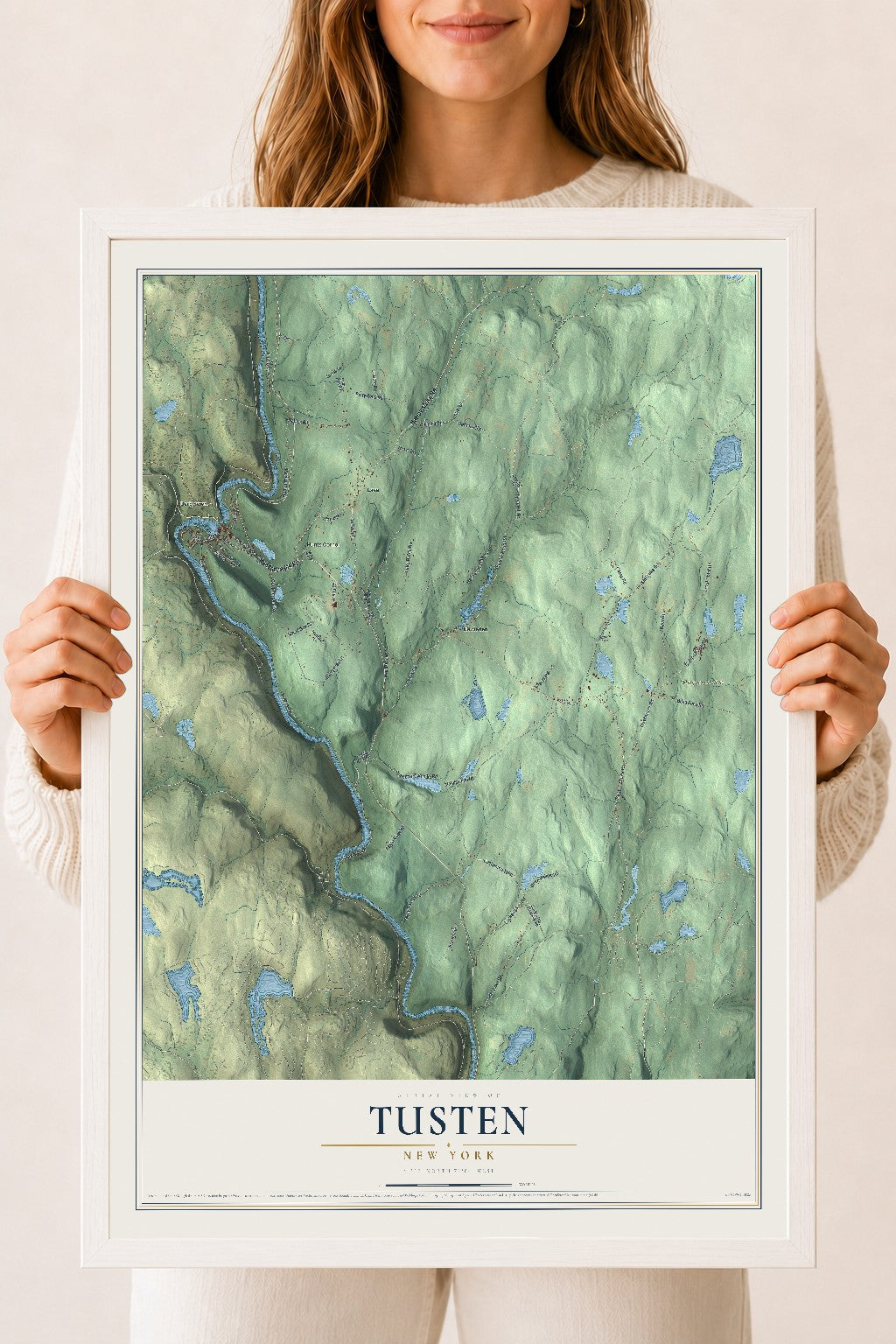 Tusten, New York map print, 18" x 24" W/ White Ayous Wood Frame mockup