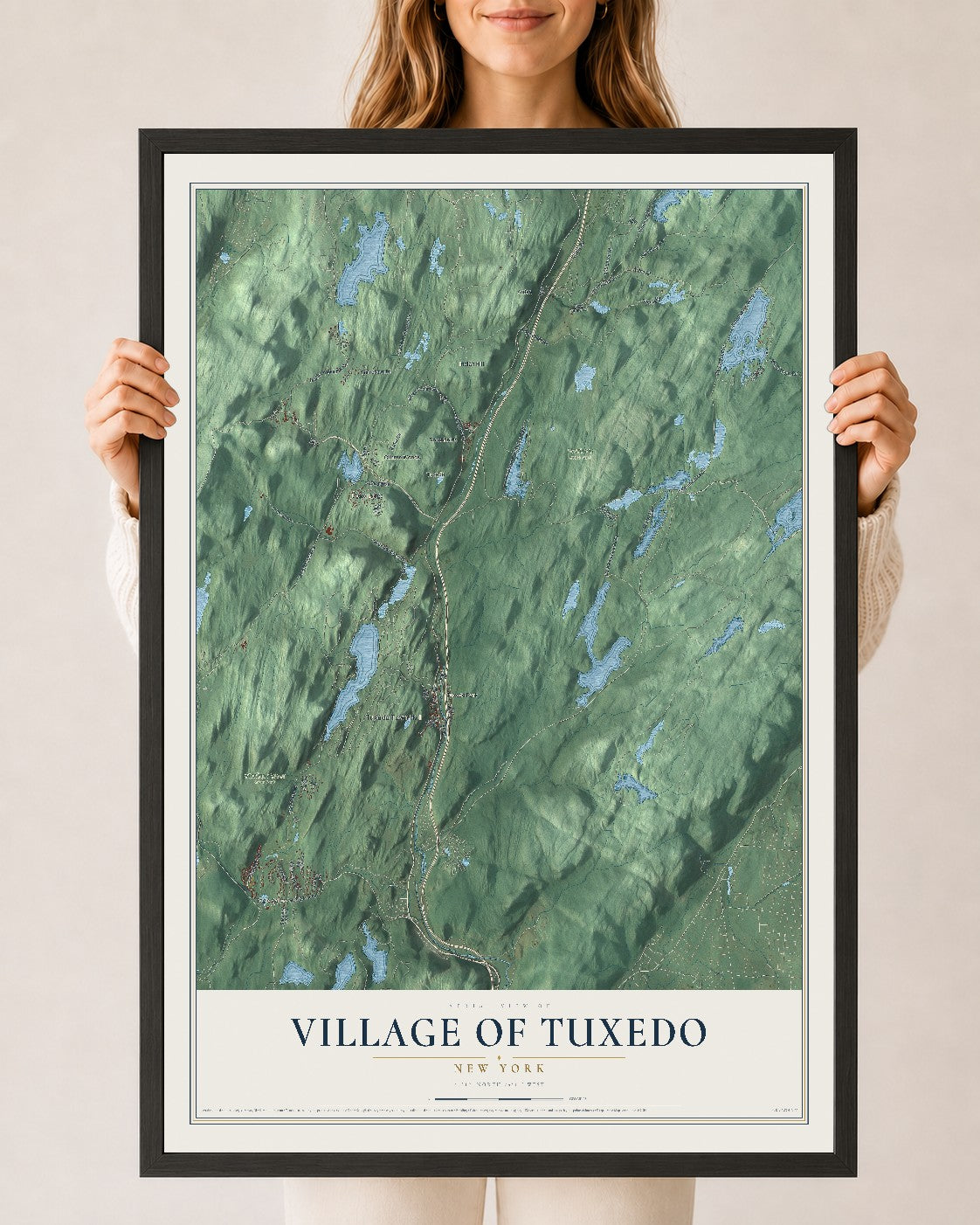 Tuxedo, New York map print, 24" x 36" W/ Black Ayous Wood Frame mockup