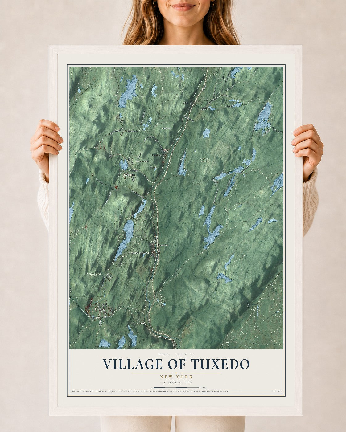 Tuxedo, New York map print, 24" x 36" W/ White Ayous Wood Frame mockup