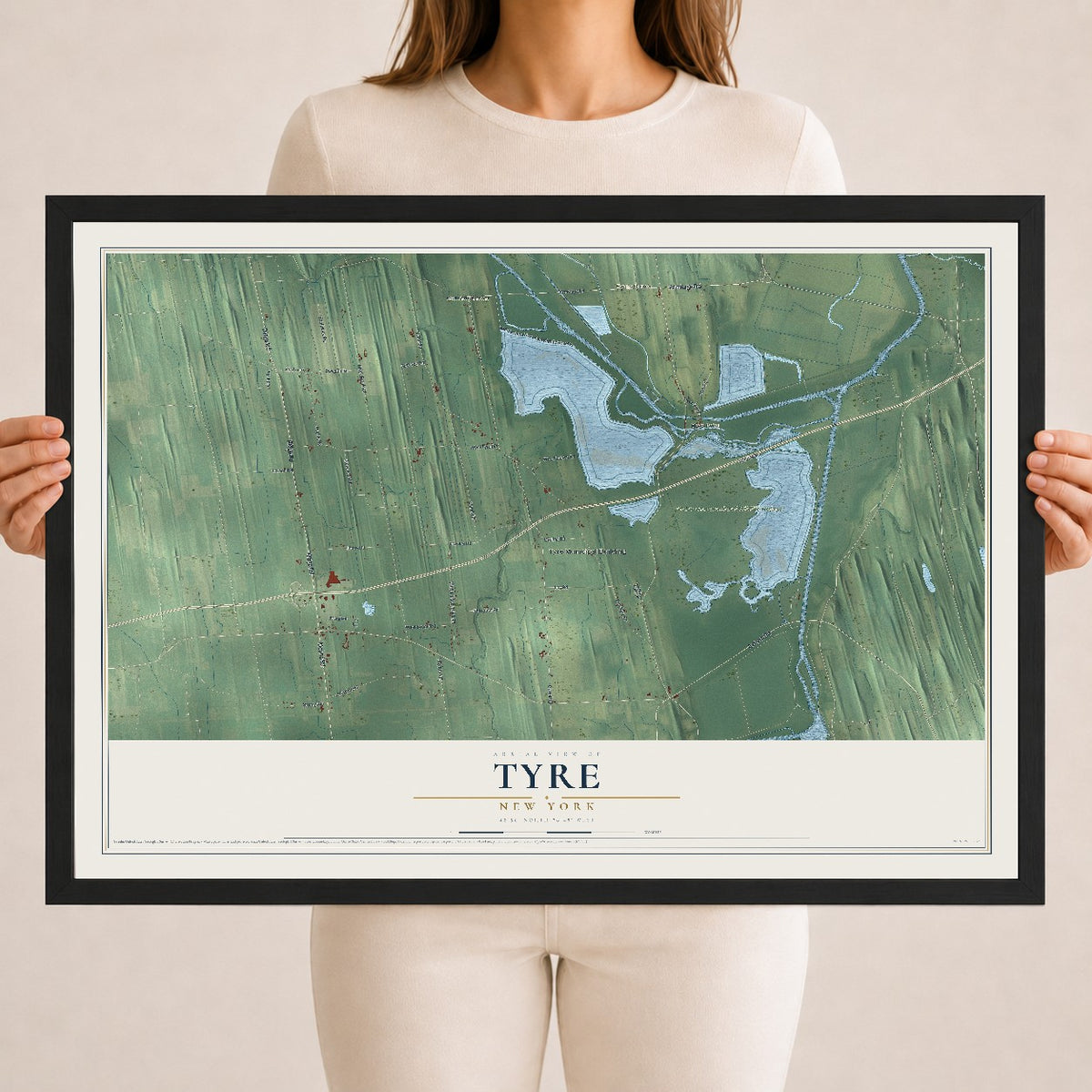 Tyre, New York map print, 18" x 24" W/ Black Ayous Wood Frame mockup