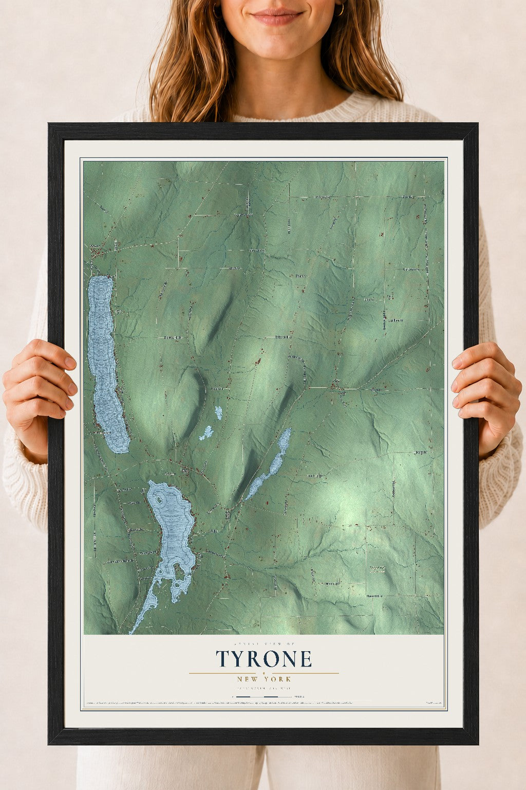 Tyrone, New York map print, 18" x 24" W/ Black Ayous Wood Frame mockup