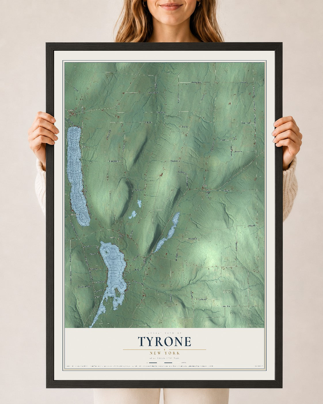 Tyrone, New York map print, 24" x 36" W/ Black Ayous Wood Frame mockup