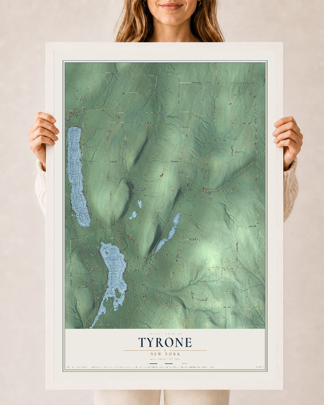 Tyrone, New York map print, 24" x 36" W/ White Ayous Wood Frame mockup