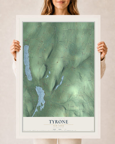 Tyrone, New York map print, 24" x 36" W/ White Ayous Wood Frame mockup