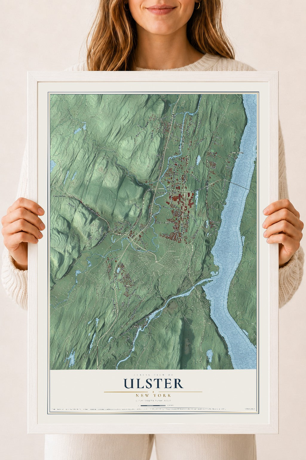 Ulster, New York map print, 18" x 24" W/ White Ayous Wood Frame mockup