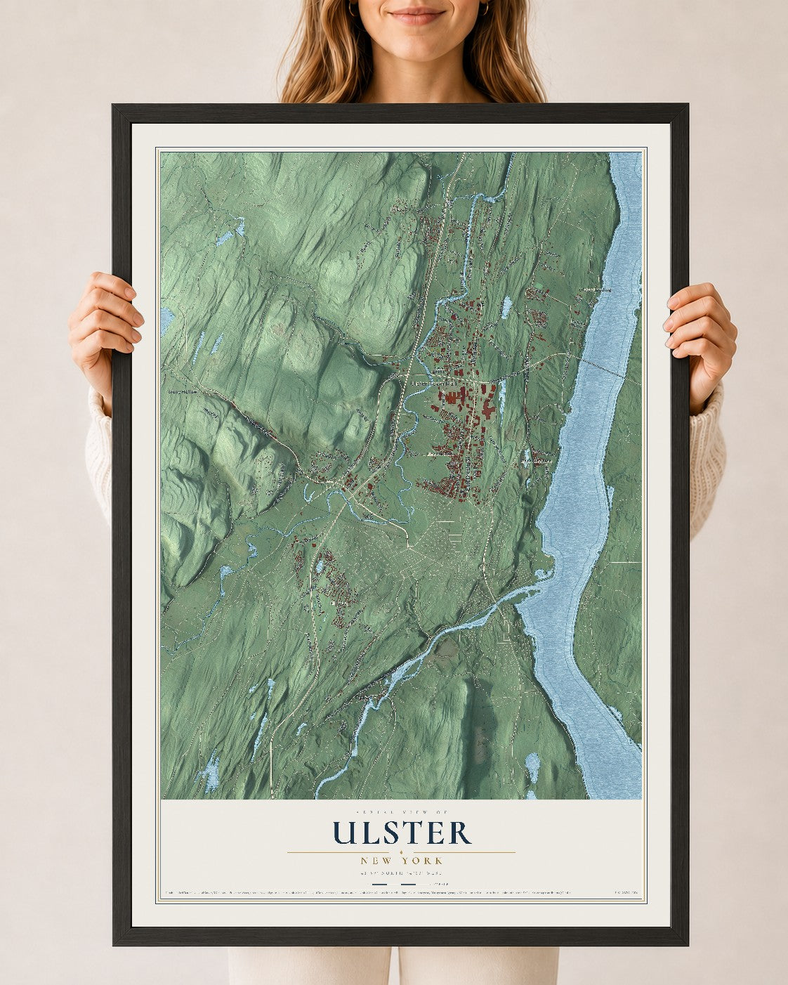 Ulster, New York map print, 24" x 36" W/ Black Ayous Wood Frame mockup