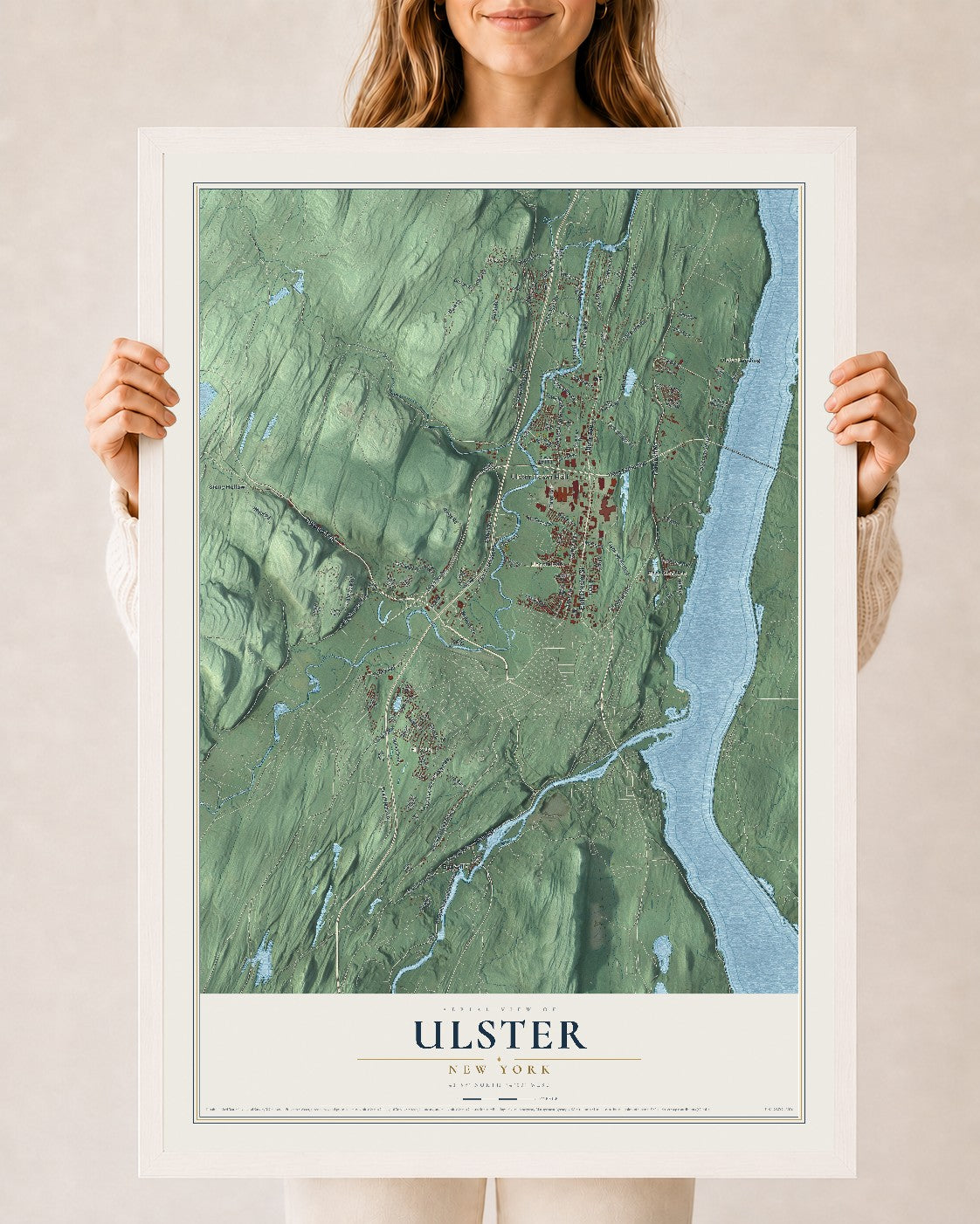 Ulster, New York map print, 24" x 36" W/ White Ayous Wood Frame mockup