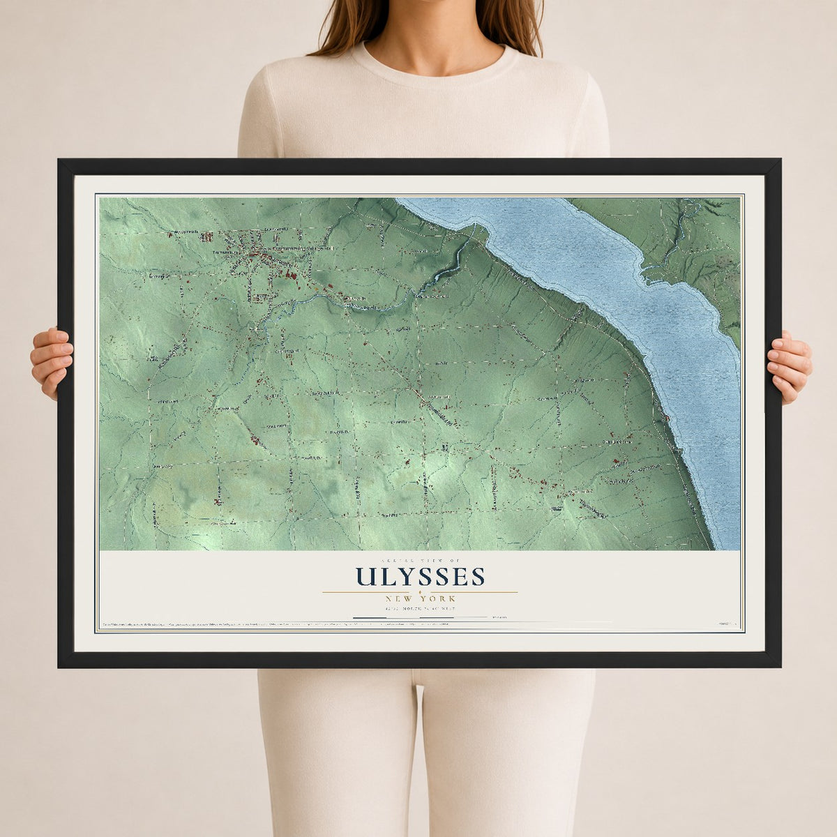 Ulysses, New York map print, 24" x 36" W/ Black Ayous Wood Frame mockup