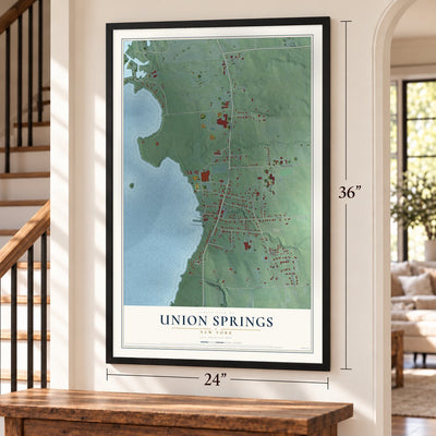 Union Springs, New York map, 24 x 36 inch print in a black frame by a staircase
