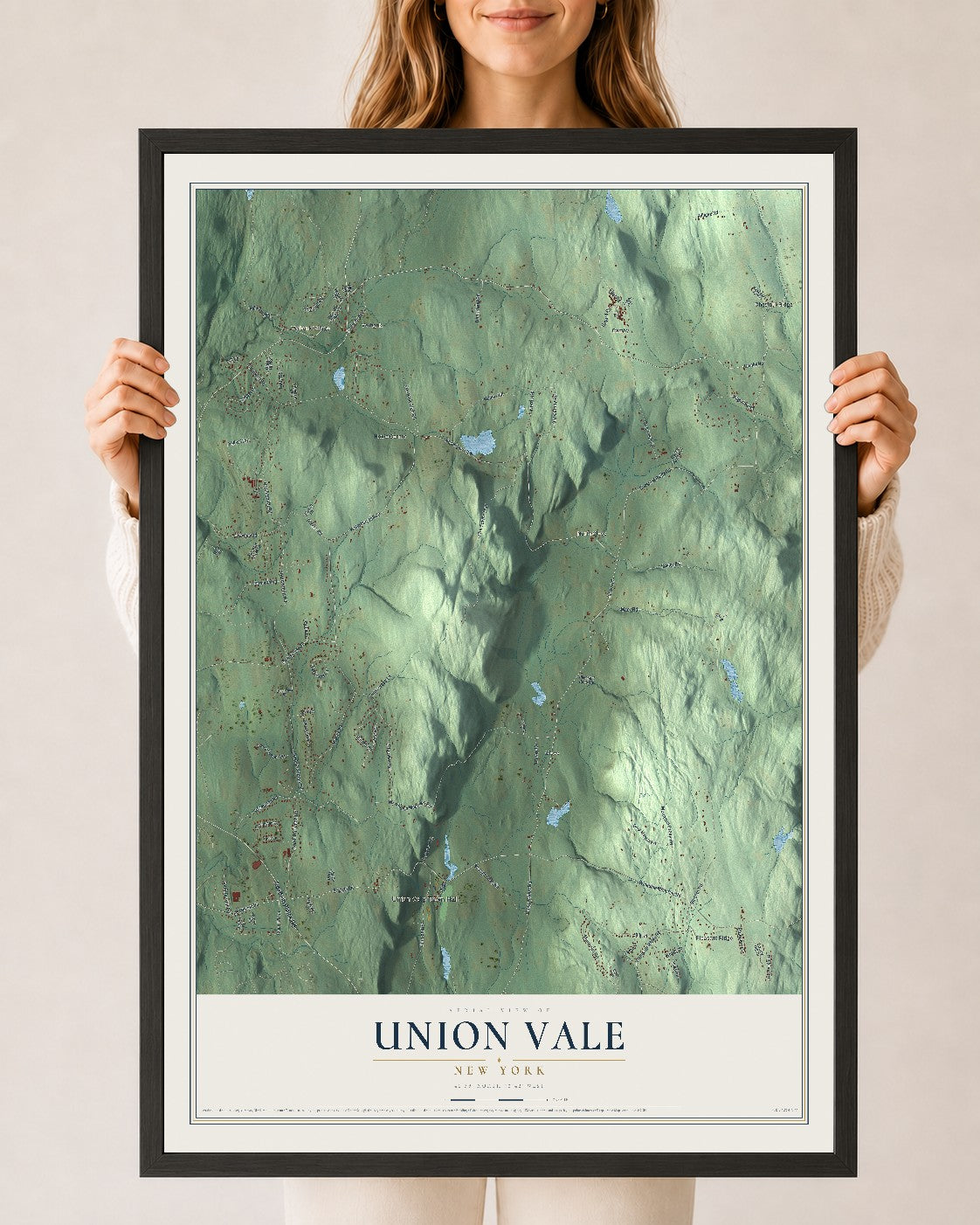 Union Vale, New York map print, 24" x 36" W/ Black Ayous Wood Frame mockup