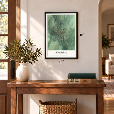 Unionville, New York map, 12 x 18 inch print in a black frame in an entryway