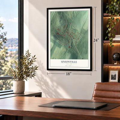 Unionville, New York map, 18 x 24 inch print in a black frame in a home office