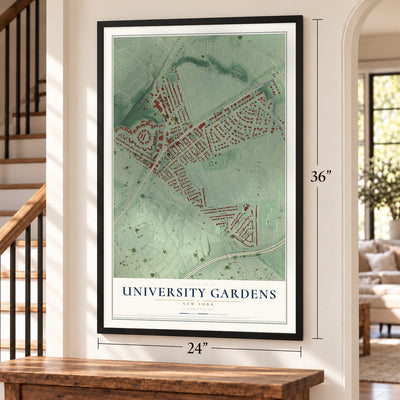 University Gardens, New York map, 24 x 36 inch print in a black frame by a staircase