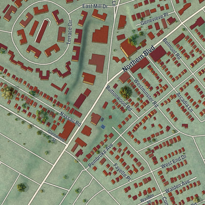 Close-up of the map of University Gardens, New York print showing street and building detail