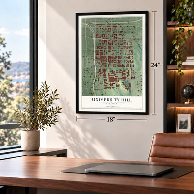University Hill, New York map, 18 x 24 inch print in a black frame in a home office