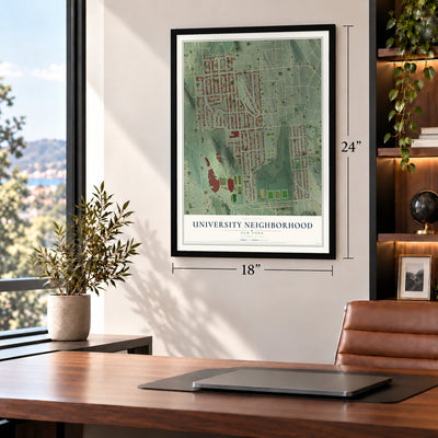 University Neighborhood, New York map, 18 x 24 inch print in a black frame in a home office