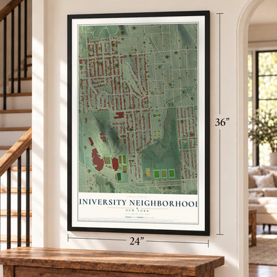 University Neighborhood, New York map, 24 x 36 inch print in a black frame by a staircase
