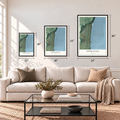 Upper Nyack, New York map in 12 x 18, 18 x 24 and 24 x 36 inch sizes above a sofa
