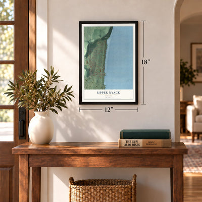 Upper Nyack, New York map, 12 x 18 inch print in a black frame in an entryway