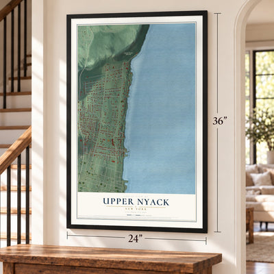 Upper Nyack, New York map, 24 x 36 inch print in a black frame by a staircase