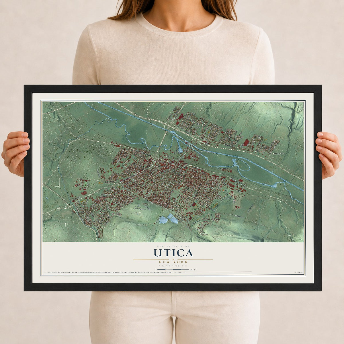 Utica, New York map print, 12" x 18" W/ Black Ayous Wood Frame mockup