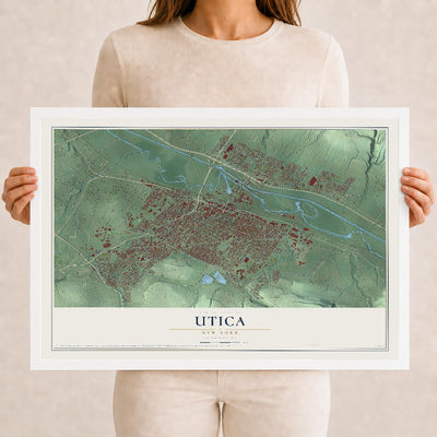 Utica, New York map print, 12" x 18" W/ White Ayous Wood Frame mockup