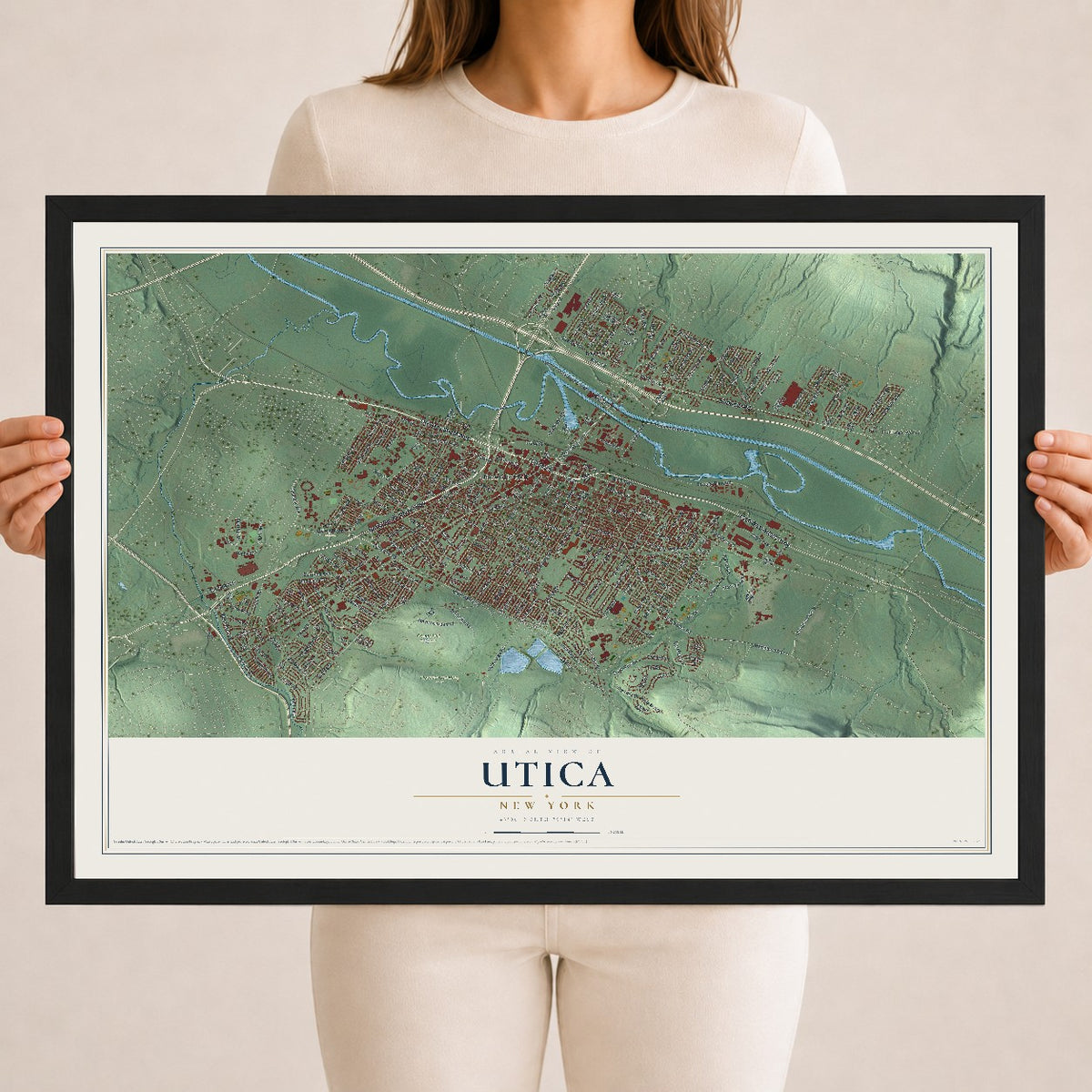 Utica, New York map print, 18" x 24" W/ Black Ayous Wood Frame mockup
