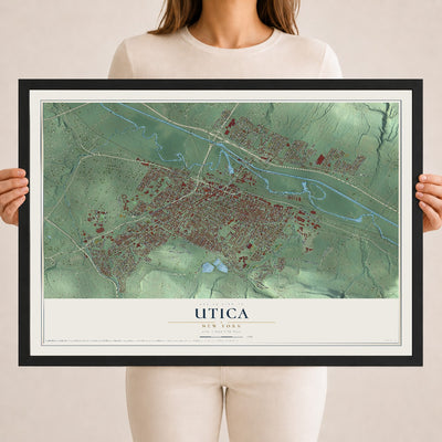 Utica, New York map print, 18" x 24" W/ Black Ayous Wood Frame mockup