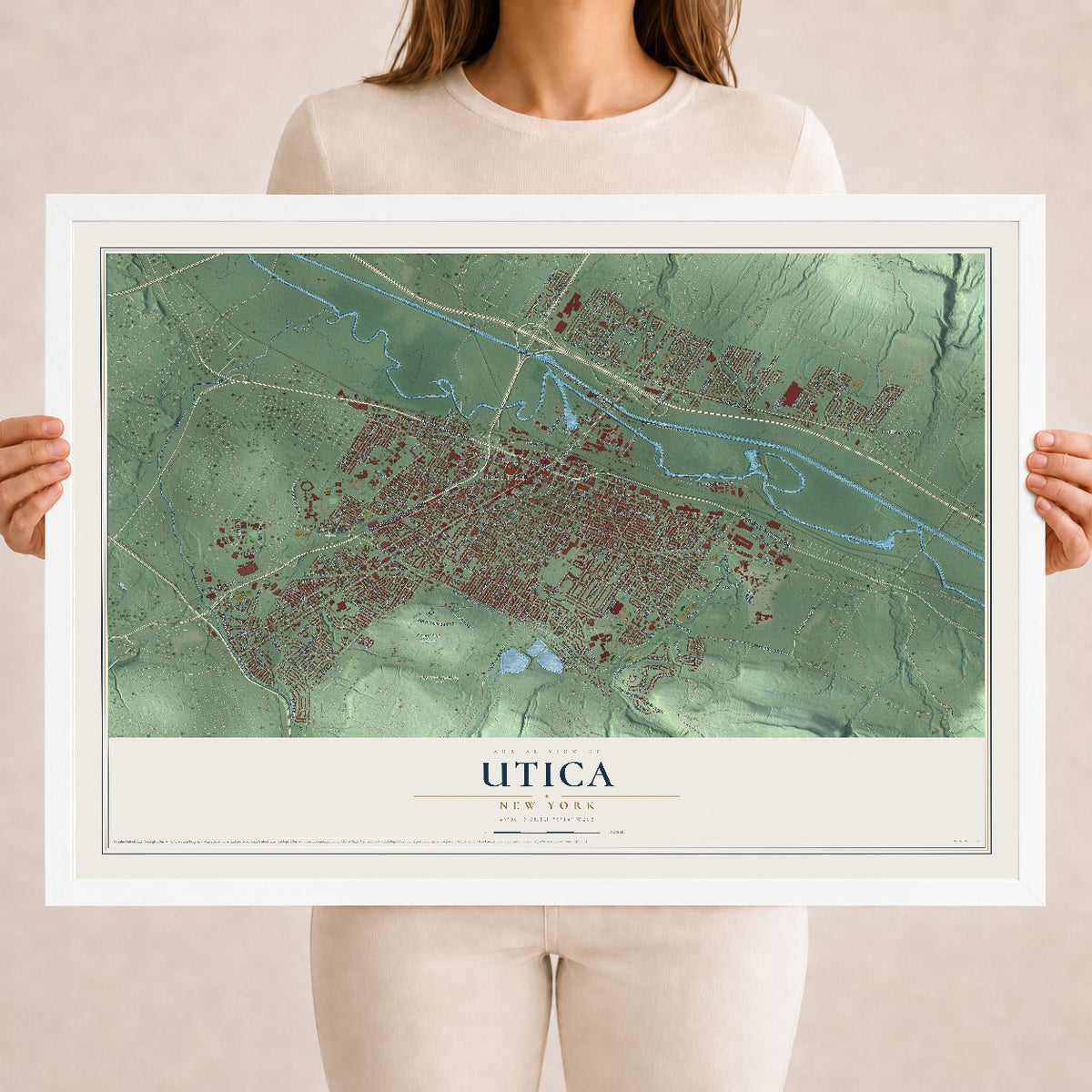 Utica, New York map print, 18" x 24" W/ White Ayous Wood Frame mockup