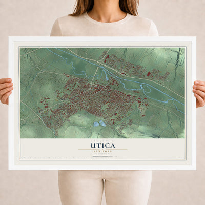 Utica, New York map print, 18" x 24" W/ White Ayous Wood Frame mockup