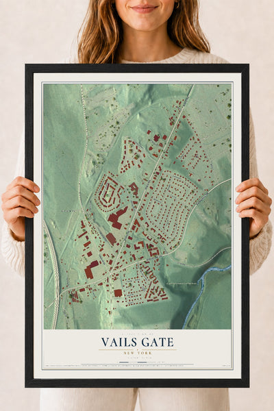 Vails Gate, New York map print, 18" x 24" W/ Black Ayous Wood Frame mockup
