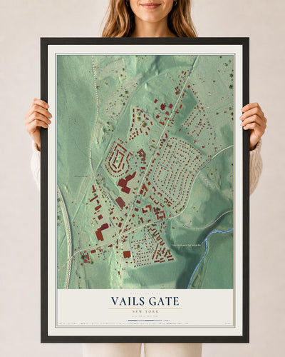 Vails Gate, New York map print, 24" x 36" W/ Black Ayous Wood Frame mockup