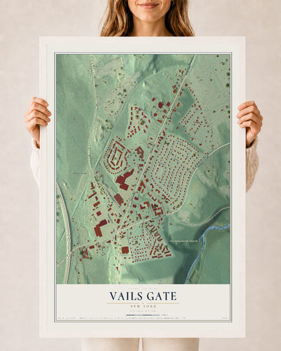 Vails Gate, New York map print, 24" x 36" W/ White Ayous Wood Frame mockup