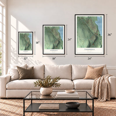 Valhalla, New York map in 12 x 18, 18 x 24 and 24 x 36 inch sizes above a sofa