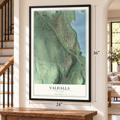Valhalla, New York map, 24 x 36 inch print in a black frame by a staircase