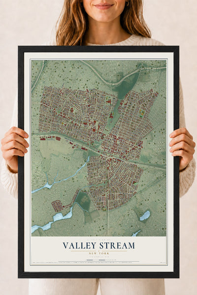 Valley Stream, New York map print, 18" x 24" W/ Black Ayous Wood Frame mockup