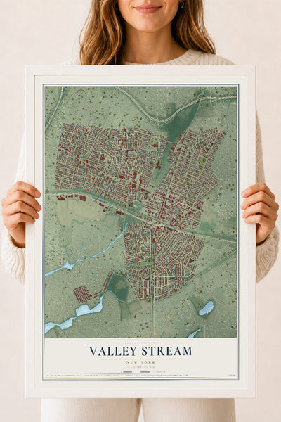 Valley Stream, New York map print, 18" x 24" W/ White Ayous Wood Frame mockup